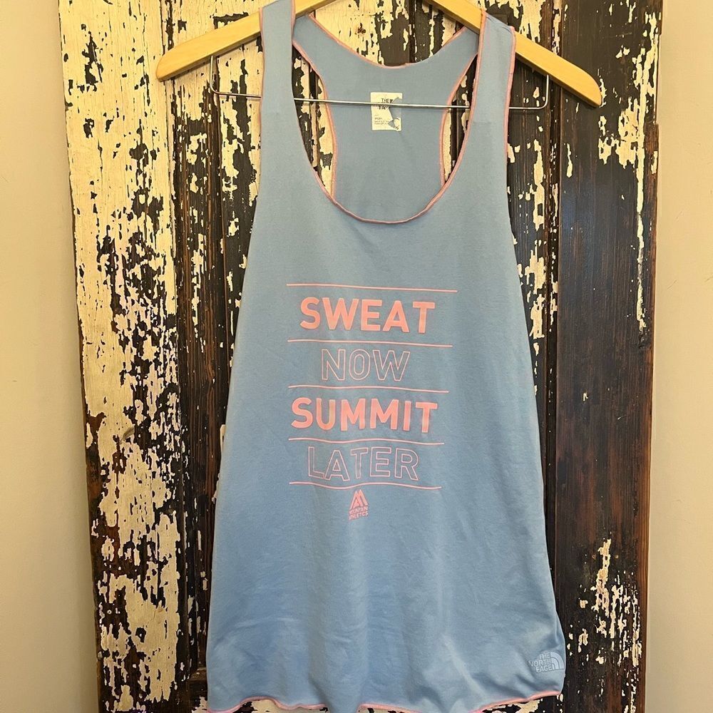 Women’s The North Face racer back soft Sweat Now Summit Later tank top. Size L